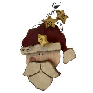 Folk-Art All Wood Santa Claus Ornament Ho Ho Ho Stars 4" Tall Christmas